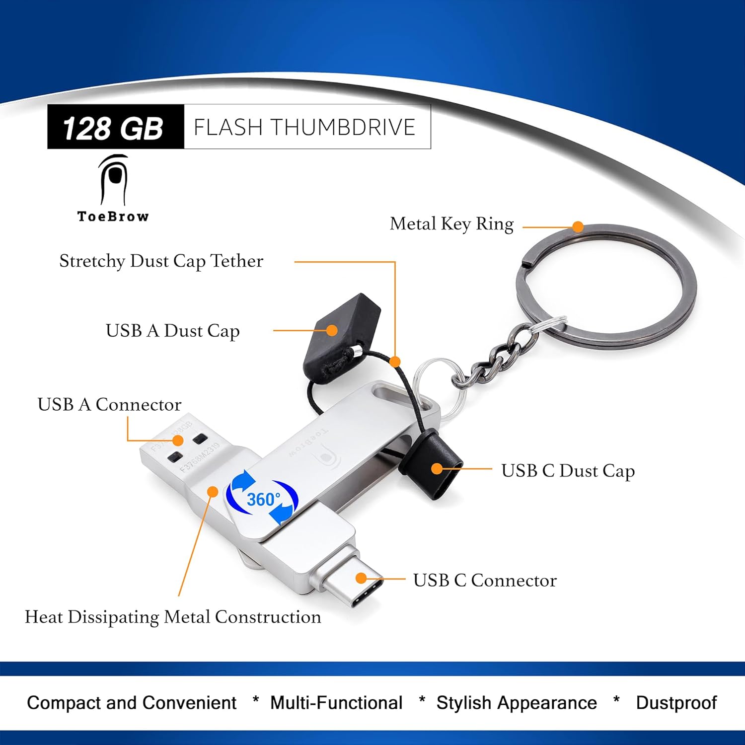 128GB Dual USB Flash Drive: Type-C & Type-A, High-Speed, Sturdy with Keychain - ToeBrow